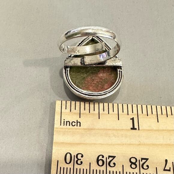 Unakite genuine gemstone ring adjustable silver overlay stamped 925 pear shape - Picture 3 of 6